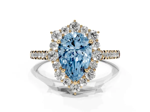 Fancy Blue Pear Cut Halo Diamond Ring with Pavé Band and Prong Setting Yellow gold