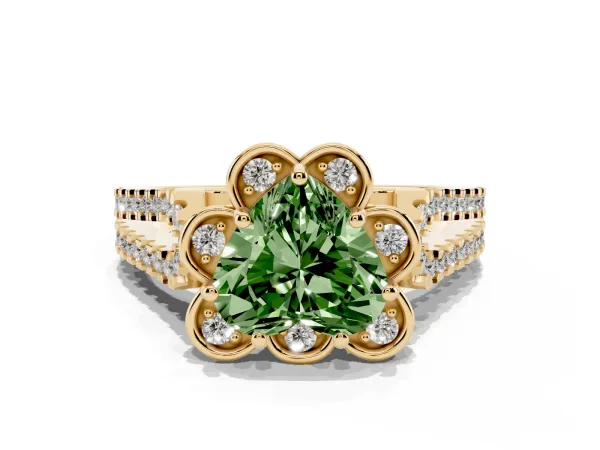 Fancy Green Heart Cut Halo Diamond Floral Split Shank Engagement Ring Yellow gold