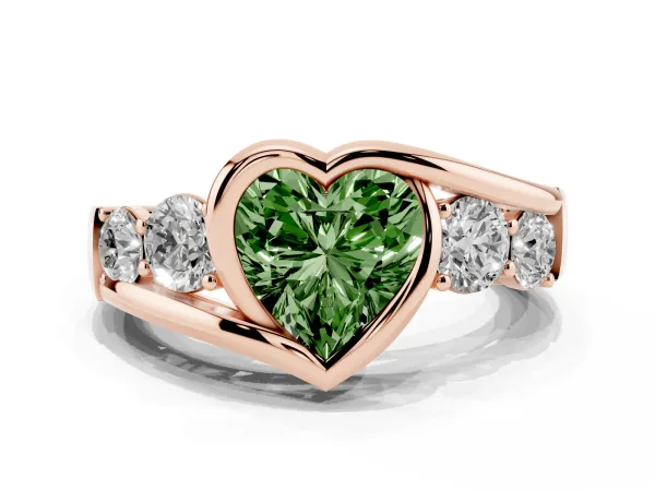 Fancy Green Bezel Set Heart Cut Diamond Bypass Ring with Round Accents Rose gold