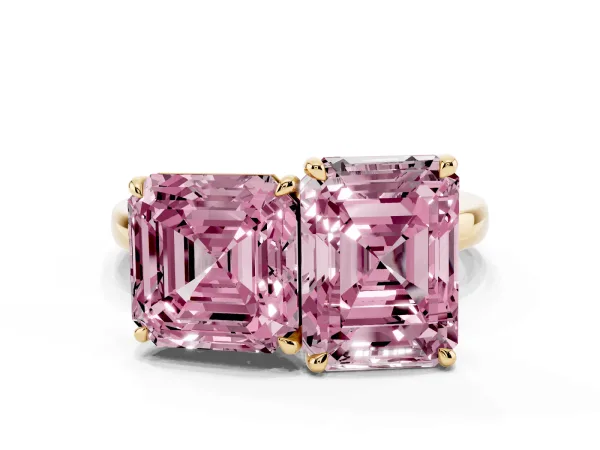 Fancy Pink Asscher Cut and Emerald Cut Toi Moi Ring with Prong Setting Yellow gold