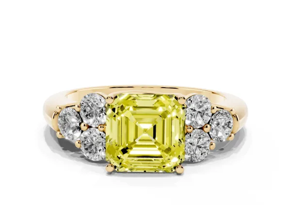 Fancy Yellow Asscher Cut Cut Diamond Cluster Ring with Round Accent Stones and Prong Setting on a Classic Band Yellow gold