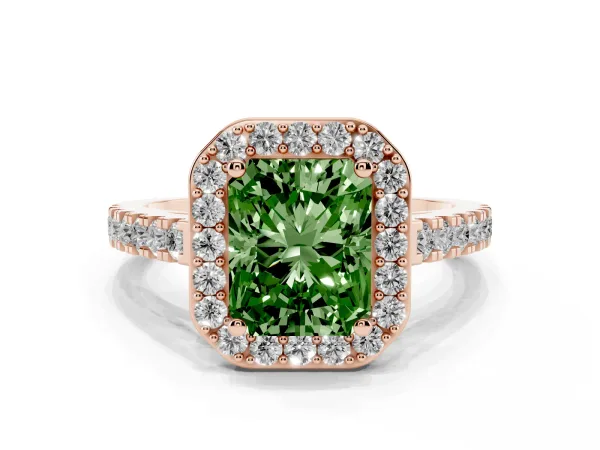 Fancy Green Radiant Cut Diamond Halo Ring with Round Pavé Split Shank and Prong Setting Rose gold