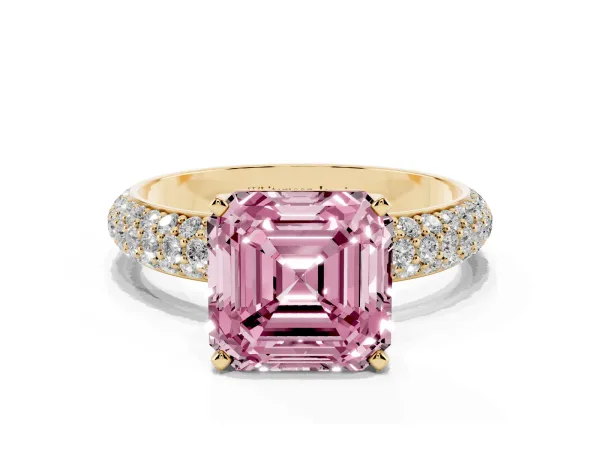 Fancy Pink Asscher Cut Diamond Solitaire Ring with Prong Setting and Pavé Band Yellow gold