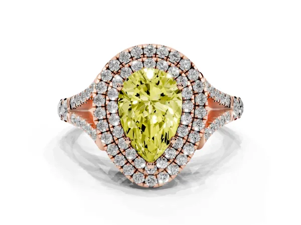 Fancy Yellow Pear Cut Cut Double Halo Split Shank Diamond Ring with Prong Setting Rose gold