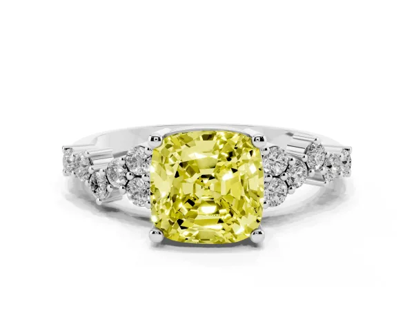 Fancy Yellow Cushion Cut Diamond Scattered Round Accent Ring with Prong Setting White gold