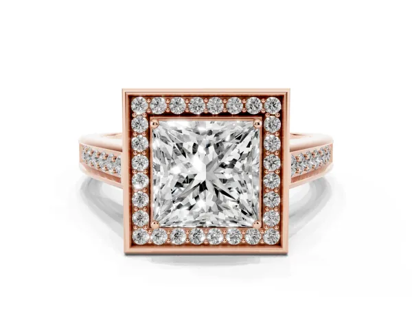Princess Cut Halo Solitaire Diamond Ring with Pave Band and Bezel Setting Rose gold