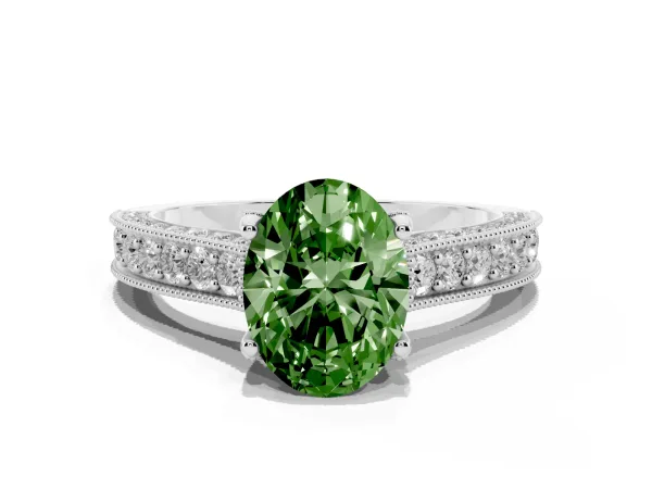 Fancy Green Oval Cut Cut Diamond Solitaire Ring with Milgrain Pave Band and Four Prong Setting Platinum