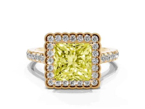 Fancy Yellow Princess Cut Cut Diamond Milgrain Floral Halo Engagement Ring with Pavé Band Yellow gold