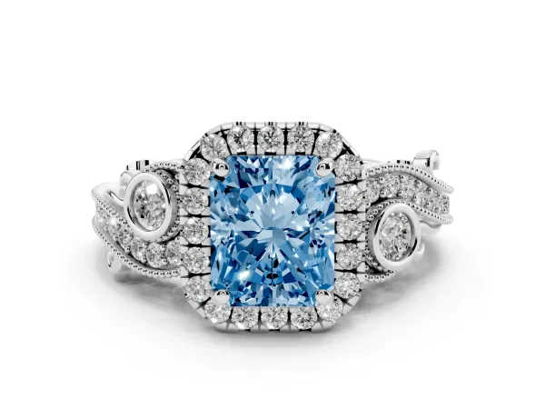 Fancy Blue Radiant Cut Halo Diamond Ring with Milgrain and Bezel Accents on a Split Shank Band White gold