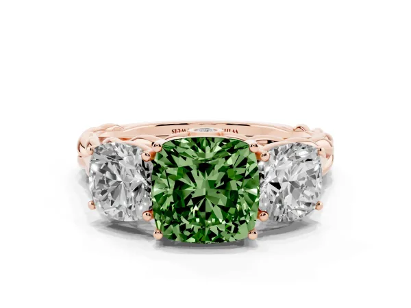 Fancy Green Three-Stone Cushion Cut Diamond Braided Band Ring with Four-Prong Setting Rose gold