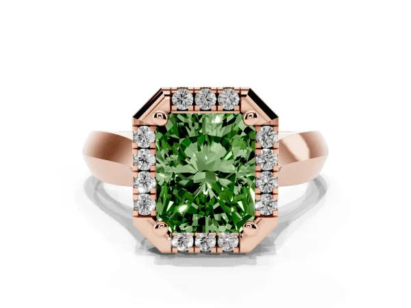Fancy Green Radiant Cut Cut Halo Solitaire Engagement Ring with Square Band and Four-Prong Setting Rose gold