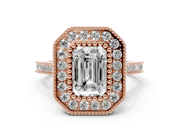 Emerald Cut Diamond Halo Ring with Milgrain Frame and Pavé Band Rose gold