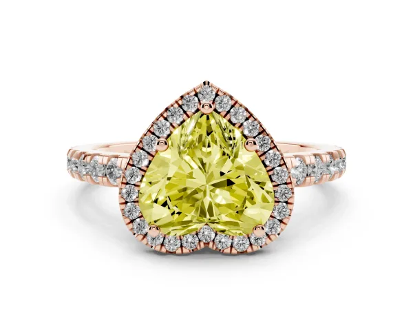 Fancy Yellow Heart Cut Diamond Halo Ring with Pavé Band and Four-Prong Setting Rose gold