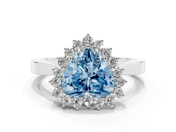 Fancy Blue Heart Cut Cut Diamond Halo Ring with Round Brilliant Halo and Solitaire Band Platinum