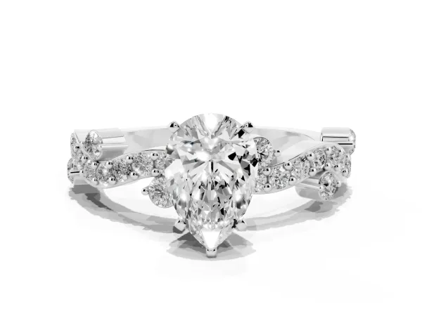Pear Cut Cut Solitaire Diamond Twisted Band with Pave Setting White gold