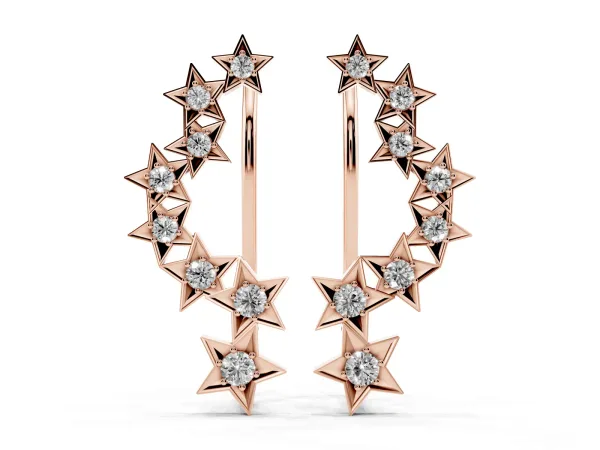 Star Cluster Diamond Crescent Earrings with Round Cut Stones on a Curved Band and Prong Setting Rose gold