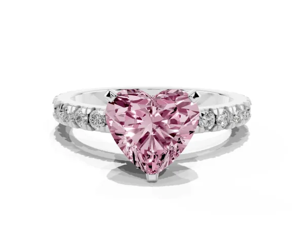 Fancy Pink Heart Cut Diamond Pavé Band Solitaire with Four-Prong Setting Platinum
