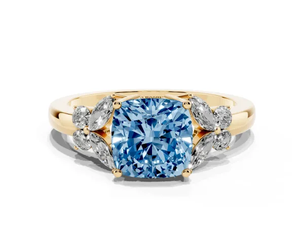 Fancy Blue Cushion Cut Cut Solitaire Floral Diamond Ring with Four-Prong Setting Yellow gold