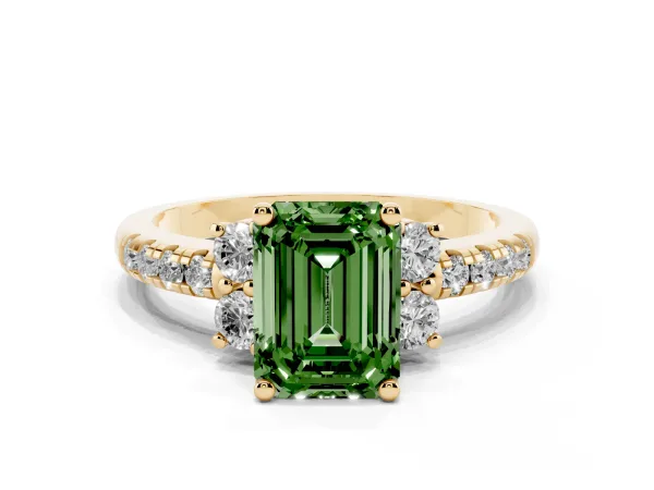 Fancy Green Emerald Cut Diamond Three-Stone Pave Band with Four-Prong Setting Yellow gold