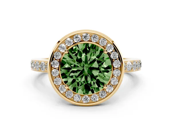 Fancy Green Round Cut Diamond Halo Ring with Bezel Frame and Pavé Band Yellow gold