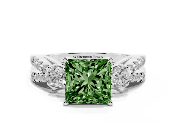 Fancy Green Princess Cut Diamond Three-Stone Ring with Pavé Split Shank and Four-Prong Setting Platinum