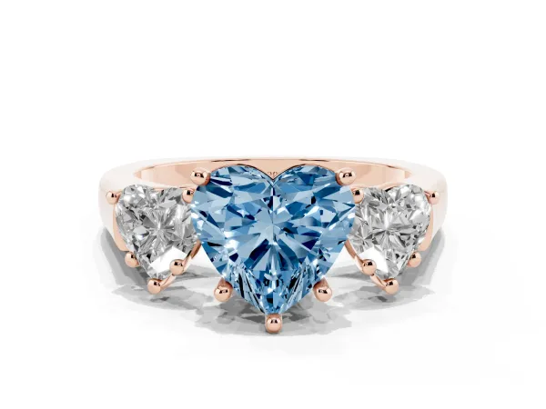 Fancy Blue Three-Stone Heart Cut Brilliant Diamond Trellis Ring with Comfort Fit Band Rose gold