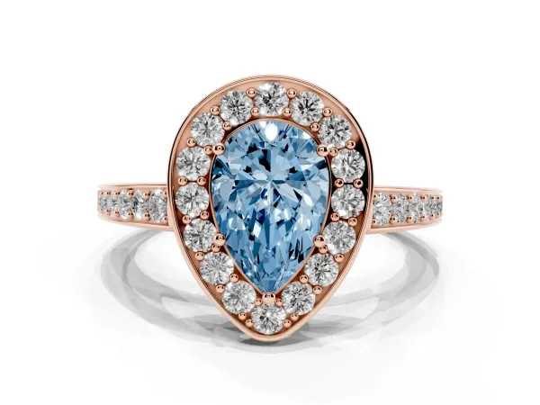 Fancy Blue Pear Cut Halo Pavé Diamond Engagement Ring with Bezel Setting Rose gold