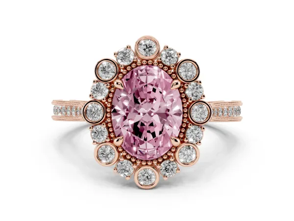 Fancy Pink Oval Cut Halo Milgrain Pave Diamond Ring with Four-Prong Setting Rose gold