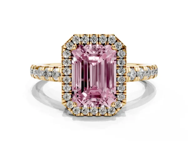 Fancy Pink Emerald Cut Diamond Halo Ring with Pavé Band and Four-Prong Setting Yellow gold