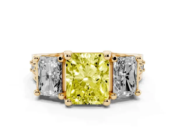 Fancy Yellow Radiant Cut Diamond Three-Stone Ring with Channel Set Band and Four-Prong Setting Yellow gold