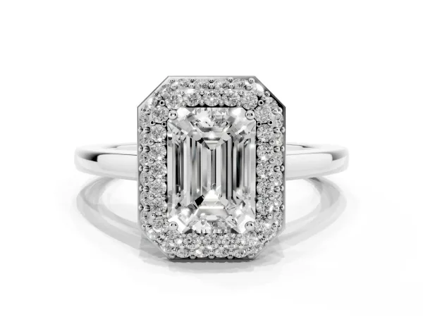 Emerald Cut Halo Diamond Engagement Ring with Solitaire Band and Four-Prong Setting Platinum