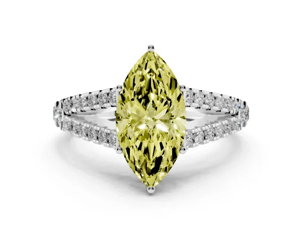 Fancy Yellow Marquise Cut Diamond Split Shank Engagement Ring with Round Pavé and Prong Setting Platinum