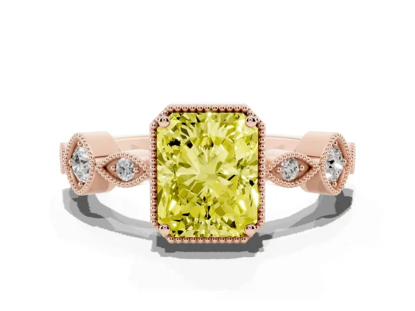 Fancy Yellow Radiant Cut Diamond Vintage Milgrain Ring with Round Stations Rose gold