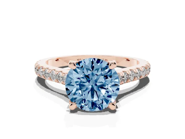 Fancy Blue Round Cut Brilliant Diamond Solitaire with Pavé Band and Four-Prong Setting Rose gold