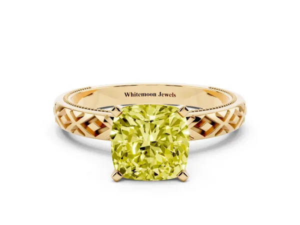 Fancy Yellow Cushion Cut Solitaire Diamond Ring with Milgrain and Black Enamel X Pattern Band Yellow gold