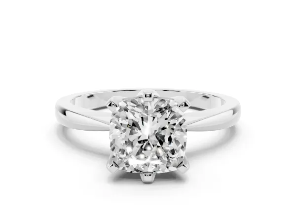 Cushion Cut Solitaire Engagement Ring with Six-Prong Setting and Tapered Band White gold
