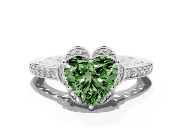 Fancy Green Heart Cut Cut Halo Diamond Ring with Channel Set Band and Four-Prong Setting Platinum
