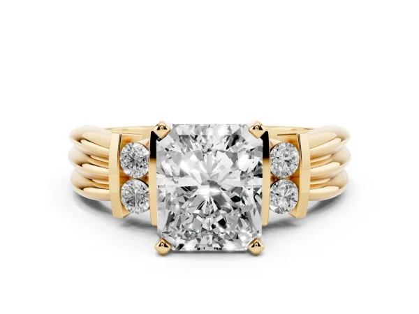 Radiant Cut Cut Three-Stone Channel Set Ring with Bar Prongs Yellow gold