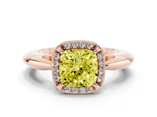 Fancy Yellow Cushion Cut Cut Diamond Halo Engagement Ring with Split Shank and Four-Prong Setting Rose gold