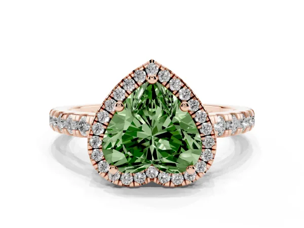 Fancy Green Heart Cut Diamond Halo Ring with Pavé Band and Four-Prong Setting Rose gold