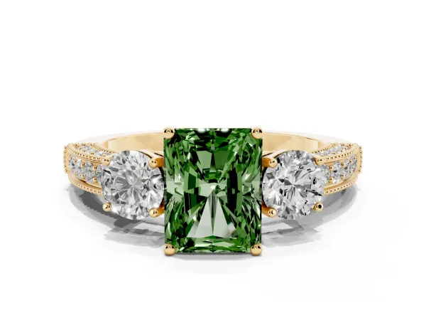 Fancy Green Radiant Cut Three-Stone Diamond Ring with Pavé Band and Four-Prong Setting Yellow gold