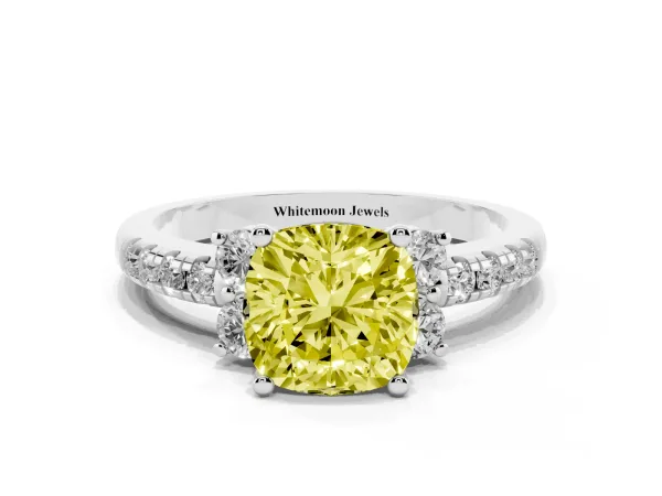 Fancy Yellow Cushion Cut Diamond Three-Stone Pave Band with Four-Prong Setting White gold