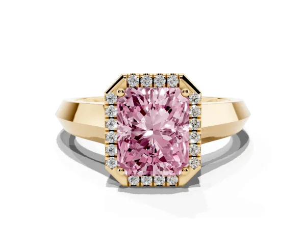 Fancy Pink Radiant Cut Halo Diamond Ring with Cathedral Band and Four-Prong Setting Yellow gold