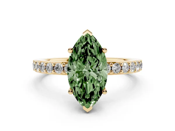 Fancy Green Marquise Cut Cut Diamond Solitaire with Pave Band and Four-Prong Setting Yellow gold