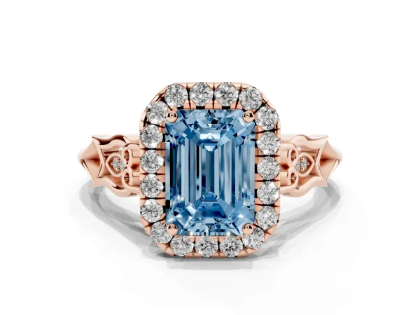 Fancy Blue Emerald Cut Halo Diamond Engagement Ring with Filigree Band and Four-Prong Setting Rose gold