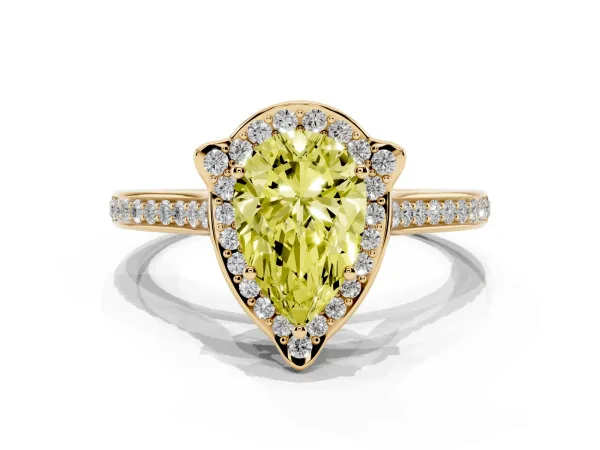 Fancy Yellow Pear Cut Halo Round Diamond Pave Band with Four-Prong Setting Yellow gold