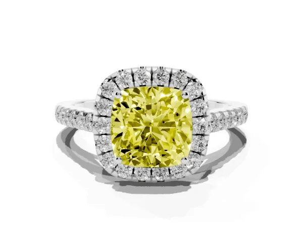 Fancy Yellow Cushion Cut Halo Pave Diamond Engagement Ring with Four-Prong Setting Platinum