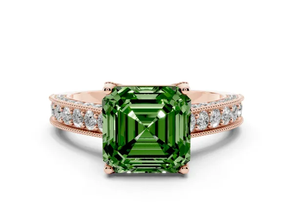 Fancy Green Asscher Cut Cut Diamond Solitaire Ring with Milgrain Pave Band and Four Prong Setting Rose gold