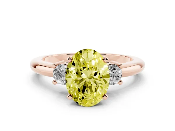 Fancy Yellow Three-Stone Oval Cut Cut Diamond Solitaire with Prong Setting and Classic Band Rose gold