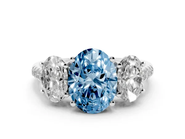 Fancy Blue Three-Stone Oval Cut Diamond Ring with Round Pavé Band and Prong Setting Platinum
